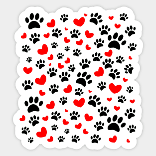 Random Dog Paw Prints And Red Hearts Sticker